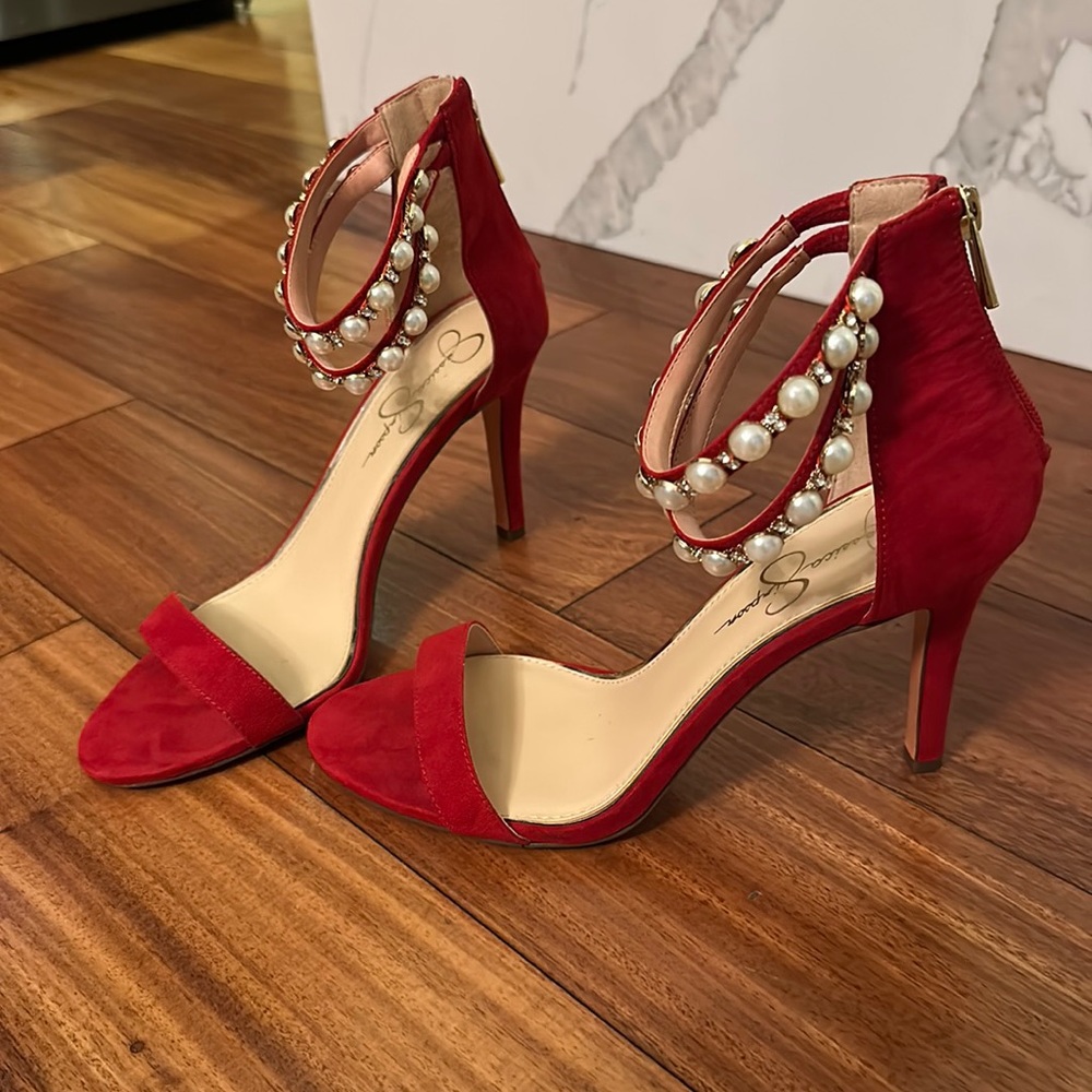 Red velvet Jessica Simpson stiletto heels sandals with pearls